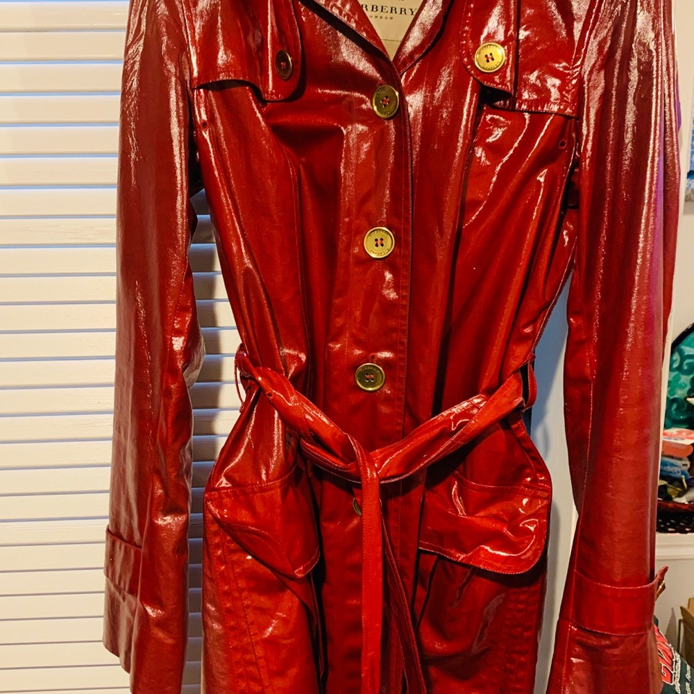 Red patent rain coat